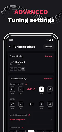 Advanced tuning settings screen with Standard tuning selected, pitch adjustment at 441.3 Hz, and cents fine-tuning controls