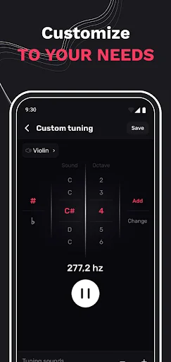 Custom tuning interface with note keypad for selecting C# at 277.2 Hz frequency with add and change function options