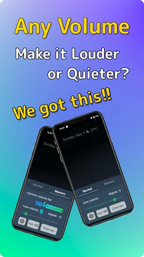 Volume Control app promotional screen showing two phones with volume boost interface - make any volume louder or quieter