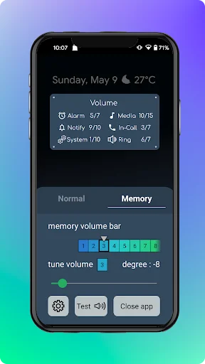 Memory volume mode with numbered control bar showing fine-tuned audio adjustment settings and boost controls