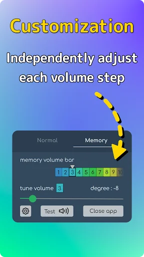 Volume customization screen showing independent volume step controls with numbered memory bar and tune settings