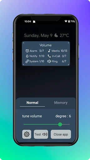 Volume Control app main interface on phone showing normal mode with tune volume slider and all audio categories
