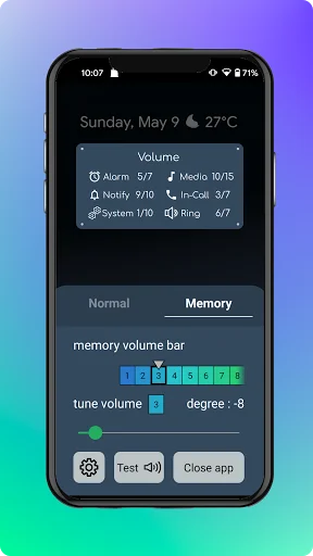 Memory mode volume interface displaying numbered volume bar controls and custom tune settings for audio boost