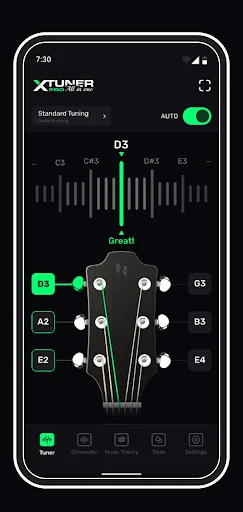 XTuner PRO standard guitar tuner interface showing D3 note, frequency bars, AUTO toggle, and guitar neck diagram for real-time tuning