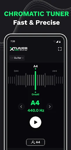 XTuner PRO chromatic tuner displaying A4 note at 440.0 Hz frequency with large play button for fast and precise instrument tuning