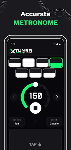 XTuner PRO metronome feature showing 150 BPM tempo, 7/8 time signature, Classic sound preset for rhythm and timing practice