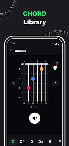 XTuner PRO chord library displaying interactive guitar chord diagram with finger position indicators and audio playback button
