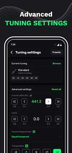XTuner PRO advanced tuning settings menu showing standard tuning, concert pitch 441.3, capo position 0.0, and equal temperament options