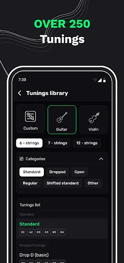 XTuner PRO tunings library with 250+ preset tunings for guitar, violin, ukulele and other instruments with multiple string configurations