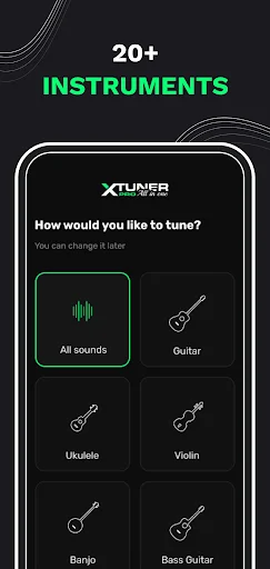 XTuner PRO instrument selection screen with 20+ music instruments including guitar, ukulele, violin, banjo, bass guitar, and all sounds option